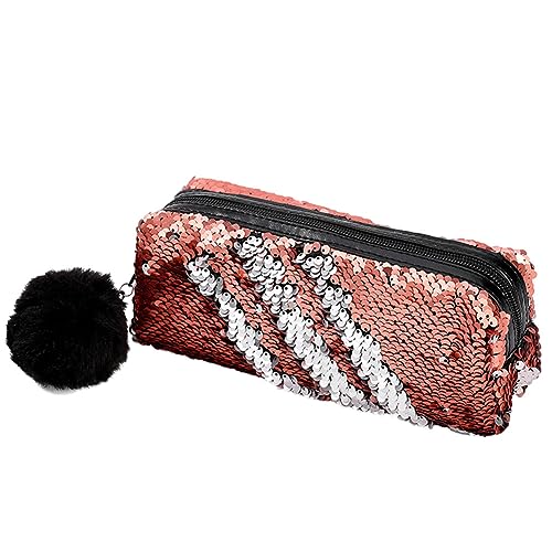 Pailletten Federmäppchen, Stiftetasche Federtasche Stiftemappe Klein Bleistift Tasche Tragbare Pencil Bag mit Plüsch Ball Glitzer Kosmetiktasche für Mädchen Frauen Bleistifttasche, 21cmx6cmx7cm von BYNYXI