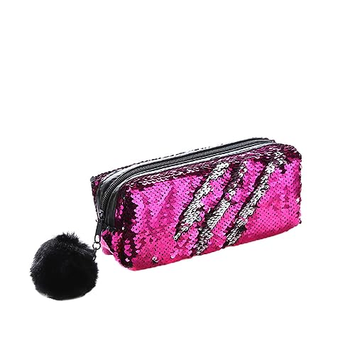 Pailletten Federmäppchen, Stiftetasche Federtasche Stiftemappe Klein Bleistift Tasche Tragbare Pencil Bag mit Plüsch Ball Glitzer Kosmetiktasche für Mädchen Frauen Bleistifttasche, 21cmx6cmx7cm von BYNYXI