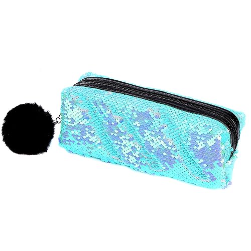 Pailletten Federmäppchen, Stiftetasche Federtasche Stiftemappe Klein Bleistift Tasche Tragbare Pencil Bag mit Plüsch Ball Glitzer Kosmetiktasche für Mädchen Frauen Bleistifttasche, 21cmx6cmx7cm von BYNYXI