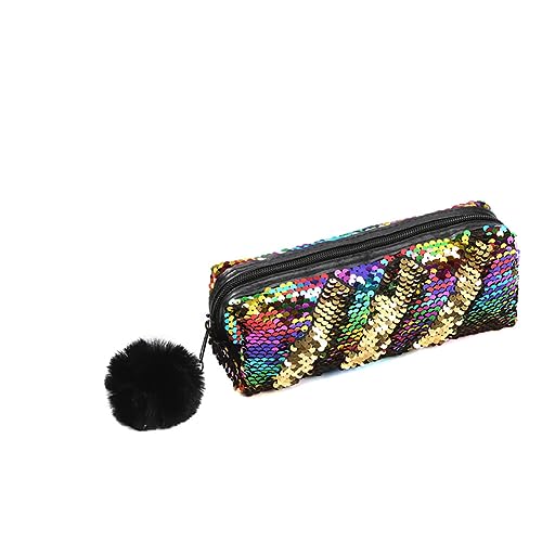 Pailletten Federmäppchen, Stiftetasche Federtasche Stiftemappe Klein Bleistift Tasche Tragbare Pencil Bag mit Plüsch Ball Glitzer Kosmetiktasche für Mädchen Frauen Bleistifttasche, 21cmx6cmx7cm von BYNYXI