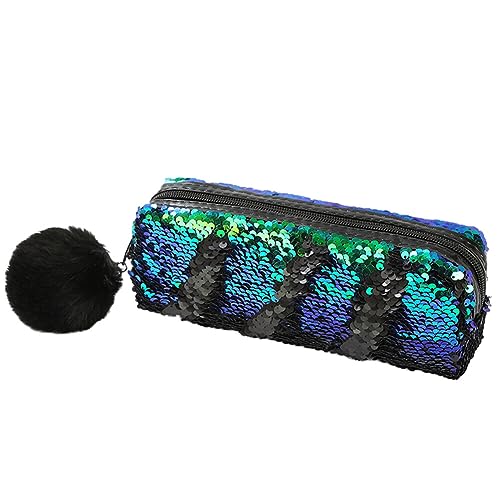 Pailletten Federmäppchen, Stiftetasche Federtasche Stiftemappe Klein Bleistift Tasche Tragbare Pencil Bag mit Plüsch Ball Glitzer Kosmetiktasche für Mädchen Frauen Bleistifttasche, 21cmx6cmx7cm von BYNYXI