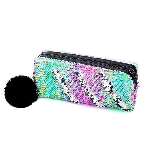 Pailletten Federmäppchen, Stiftetasche Federtasche Stiftemappe Klein Bleistift Tasche Tragbare Pencil Bag mit Plüsch Ball Glitzer Kosmetiktasche für Mädchen Frauen Bleistifttasche, 21cmx6cmx7cm von BYNYXI