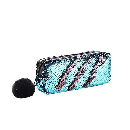 Pailletten Federmäppchen, Stiftetasche Federtasche Stiftemappe Klein Bleistift Tasche Tragbare Pencil Bag mit Plüsch Ball Glitzer Kosmetiktasche für Mädchen Frauen Bleistifttasche, 21cmx6cmx7cm von BYNYXI