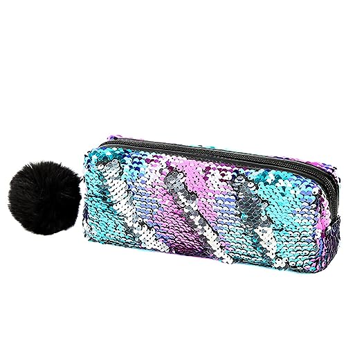 Federmäppchen, Stiftetasche Federtasche Stiftemappe Klein Bleistift Tasche Tragbare Pencil Bag mit Plüsch Ball Glitzer Kosmetiktasche für Mädchen Frauen Bleistifttasche, 21cmx6cmx7cm von BYNYXI