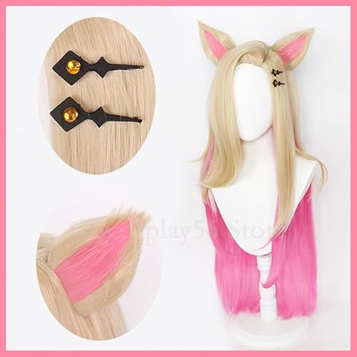 KDA Ahri Perücke Ohren Haarnadeln LoL Cosplay Gradual Beige Rosa Kunsthaar Lange Glatt Perücke Frauen Ahri Cosplay von BYOOTI