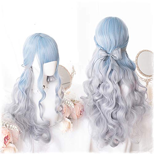 Lolita Cosplay-Perücke, Hochtemperaturfaser, Kunsthaar, japanischer Stil, 76,2 cm, Blau / Grau, langes lockiges Haar, inklusive Haarkappe von BYOOTI