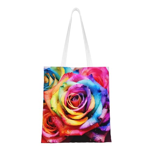 Aquarell-Regenbogen-Rosen-Tragetasche für Damen, Canvas-Schultertasche mit Taschen, Einkaufstasche, niedlich, wiederverwendbar, Einkaufstasche von BYPPJGH