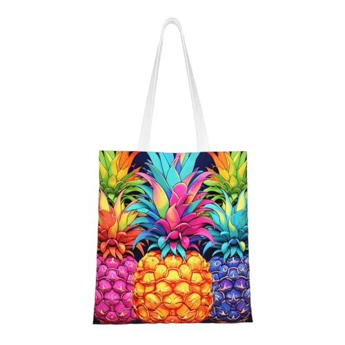 Bunte Ananas-Tragetasche für Damen, Canvas-Schultertasche mit Taschen, Einkaufstasche, niedliche, wiederverwendbare Einkaufstasche von BYPPJGH