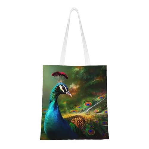 Bunte Pfauen-Tragetasche für Damen, Segeltuch-Schultertasche mit Taschen, Einkaufstasche, niedliche, wiederverwendbare Einkaufstasche von BYPPJGH