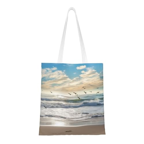 Einkaufstasche aus Segeltuch für Damen, Motiv: Wellen am Strand mit Seevögeln, Einkaufstasche, niedlich, wiederverwendbar, Einkaufstasche Einkaufstasche aus Segeltuch für Damen, Motiv: Wellen am Strand mit Seevögeln, Einkaufstasche, niedlich, wiederverwendbar, Einkaufstasche von BYPPJGH