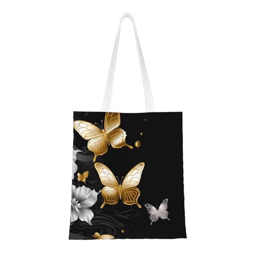 Einkaufstasche aus Segeltuch für Damen, goldfarben, weiße Schmetterlinge, Schwarz, Schultertasche mit Taschen, Einkaufstasche, niedliche wiederverwendbare Einkaufstasche Einkaufstasche aus Segeltuch für Damen, goldfarben, weiße Schmetterlinge, Schwarz, Schultertasche mit Taschen, Einkaufstasche, niedliche wiederverwendbare Einkaufstasche von BYPPJGH