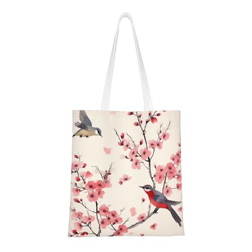 Einkaufstasche aus Segeltuch mit Kirschzweigen, Blumen und Vögeln, für Damen, Einkaufstasche, niedlich, wiederverwendbar von BYPPJGH