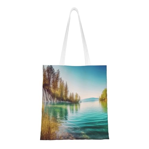 Einkaufstasche für Damen, Motiv: sauberes Wasser und See, Segeltuch, Schultertasche mit Taschen, Einkaufstasche, niedlich, wiederverwendbar, Einkaufstasche von BYPPJGH