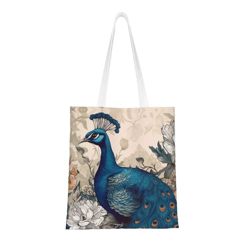 Einkaufstasche mit Pfauenblumen-Motiv für Damen, Segeltuch, Schultertaschen mit Taschen, Einkaufstasche, niedlich, wiederverwendbar, Einkaufstasche Einkaufstasche mit Pfauenblumen-Motiv für Damen, Segeltuch, Schultertaschen mit Taschen, Einkaufstasche, niedlich, wiederverwendbar, Einkaufstasche von BYPPJGH