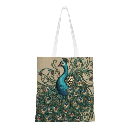 Einkaufstasche mit Pfauenmotiv für Damen, Segeltuch, Schultertasche mit Taschen, Einkaufstasche, niedlich, wiederverwendbar von BYPPJGH