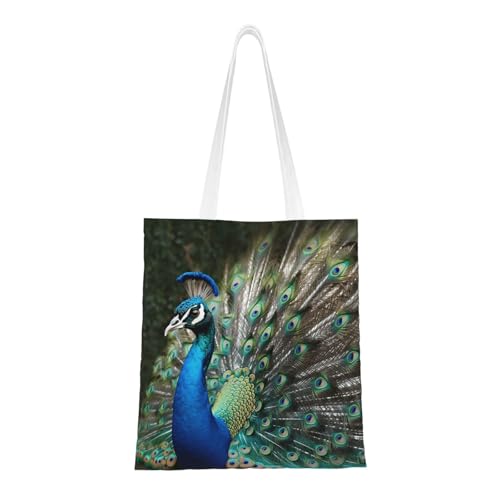 Einkaufstasche mit Pfauenmotiv für Damen, Segeltuch, Schultertasche mit Taschen, Einkaufstasche, niedlich, wiederverwendbar von BYPPJGH