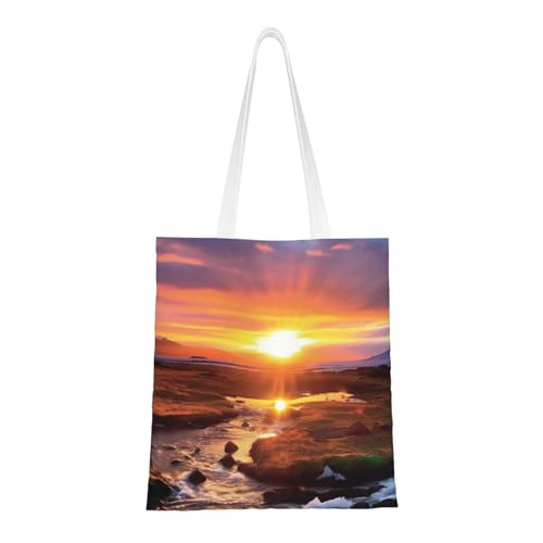 Island-Sonnenuntergang-Tragetasche für Damen, Segeltuch-Schultertasche mit Taschen, Einkaufstasche, niedliche, wiederverwendbare Einkaufstasche von BYPPJGH
