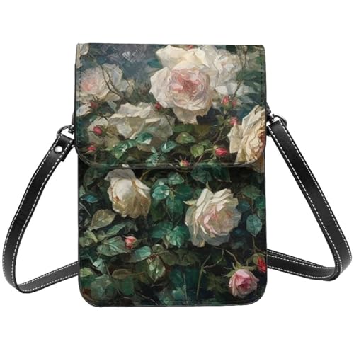 Kleine Umhängetasche für Damen und Mädchen, Rosen-Druck, Handygeldbörse, PU-Leder, Geldbörse mit Schultergurt von BYPPJGH