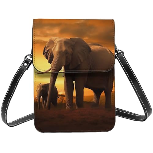 Kleine Umhängetasche für Damen und Mädchen, Sonnenuntergang, Eltern-Kind-Elefant, Handygeldbörse, PU-Leder, Geldbörse mit Schultergurt von BYPPJGH