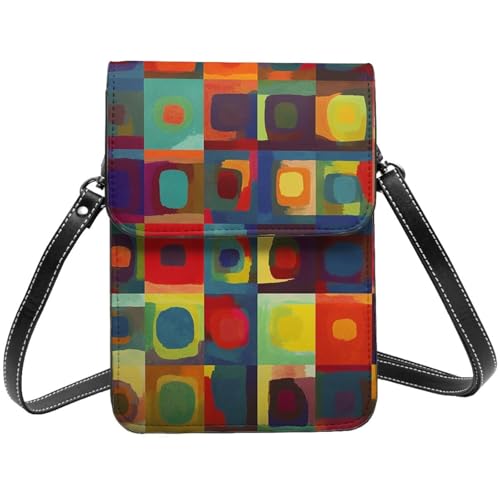 Kleine Umhängetasche für Damen und Mädchen, abstrakte Kunstquadrate Handygeldbörse aus PU-Leder mit Schulterriemen von BYPPJGH