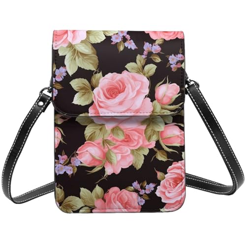 Kleine Umhängetasche für Damen und Mädchen, rosa Rose, Handy-Geldbörse, PU-Leder, Geldbörse mit Schultergurt von BYPPJGH
