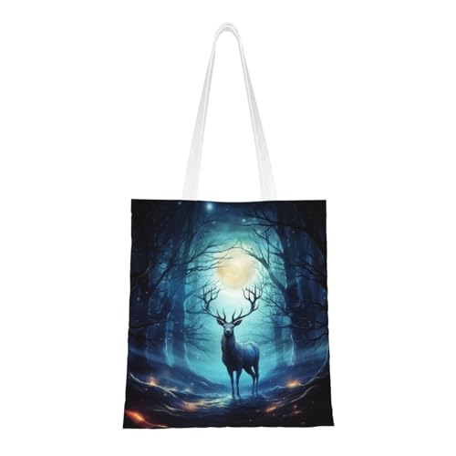 Moonlight Hirsch-Tragetasche für Damen, Segeltuch-Schultertasche mit Taschen, Einkaufstasche, niedlich, wiederverwendbar, Einkaufstasche von BYPPJGH
