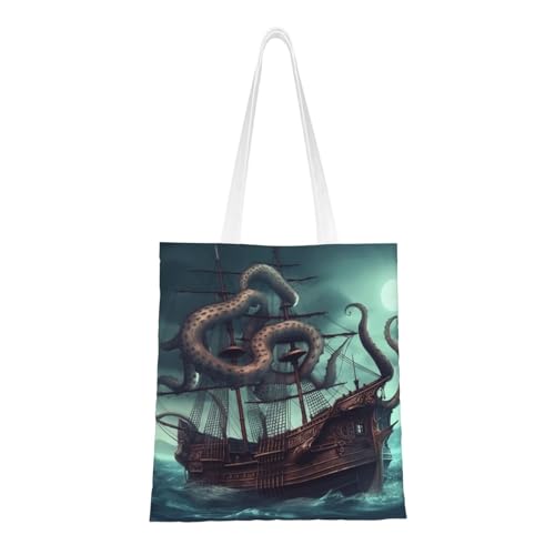 Octopus-Schiff-Tragetasche für Damen, Segeltuch-Schultertasche mit Taschen, Einkaufstasche, niedliche, wiederverwendbare Einkaufstasche von BYPPJGH