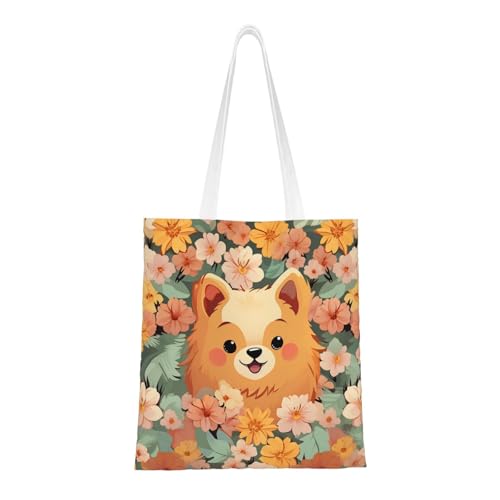 Pomeranians Cartoon-Blumen-Tragetasche für Damen, Segeltuch-Schultertasche mit Taschen, Einkaufstasche, niedlich, wiederverwendbar, Einkaufstasche von BYPPJGH