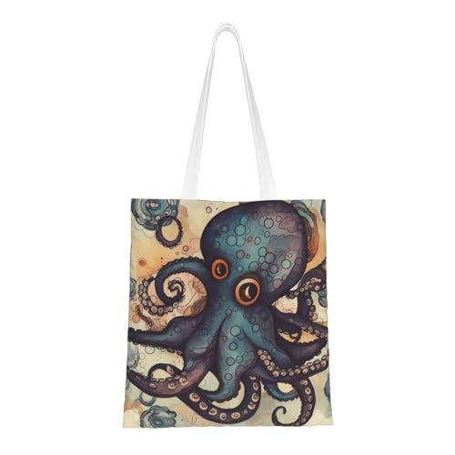 Retro-Oktopus-Tragetasche für Damen, Segeltuch, Schultertaschen mit Taschen, Einkaufstasche, niedlich, wiederverwendbar, Einkaufstasche Retro-Oktopus-Tragetasche für Damen, Segeltuch, Schultertaschen mit Taschen, Einkaufstasche, niedlich, wiederverwendbar, Einkaufstasche von BYPPJGH