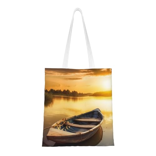 River Sunset Holzboot-Tragetasche für Damen, Segeltuch, Schultertaschen mit Taschen, Einkaufstasche, niedlich, wiederverwendbar, Einkaufstasche River Sunset Holzboot-Tragetasche für Damen, Segeltuch, Schultertaschen mit Taschen, Einkaufstasche, niedlich, wiederverwendbar, Einkaufstasche von BYPPJGH
