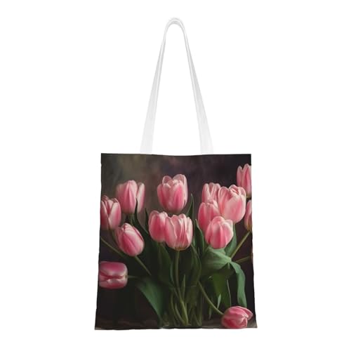Rosafarbene Tulpen-Tragetasche für Damen, Canvas-Schultertasche mit Taschen, Einkaufstasche, niedlich, wiederverwendbar, Einkaufstasche von BYPPJGH