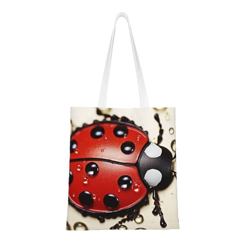 Schöne Marienkäfer-Tragetasche für Damen, Canvas-Schultertasche mit Taschen, Einkaufstasche, niedliche, wiederverwendbare Einkaufstasche von BYPPJGH