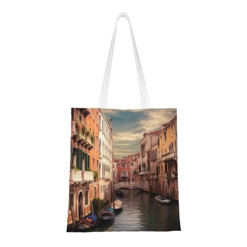 Schöne Venedig-Tragetasche mit Kanalansicht für Damen, Canvas-Schultertasche mit Taschen, Einkaufstasche, niedliche, wiederverwendbare Einkaufstasche von BYPPJGH