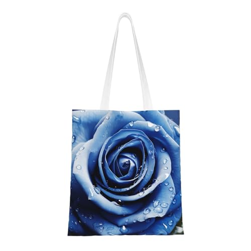 Schöne blaue Rosen-Illustrationstasche für Damen, Canvas-Schultertasche mit Taschen, Einkaufstasche, niedliche, wiederverwendbare Einkaufstasche von BYPPJGH