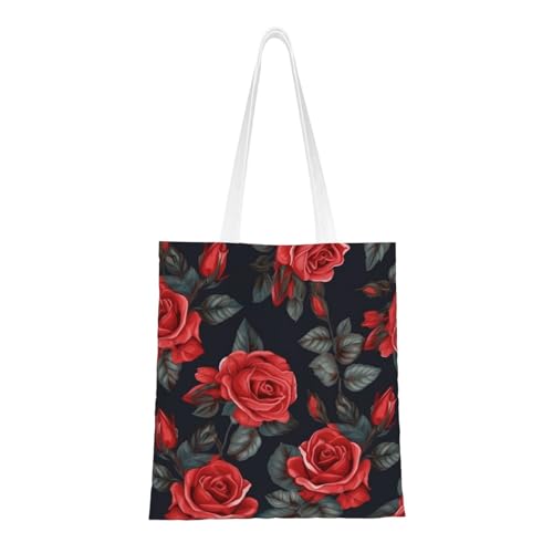 Schöne rote Rosen-Blumen-Tragetasche für Damen, Segeltuch-Schultertasche mit Taschen, Einkaufstasche, niedliche, wiederverwendbare Einkaufstasche von BYPPJGH