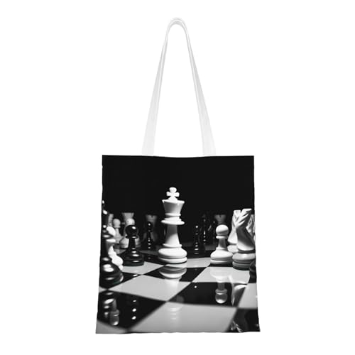 Schwarze und weiße Schach-Tragetasche für Damen, Canvas-Schultertaschen mit Taschen, Einkaufstasche, niedliche, wiederverwendbare Einkaufstasche Schwarze und weiße Schach-Tragetasche für Damen, Canvas-Schultertaschen mit Taschen, Einkaufstasche, niedliche, wiederverwendbare Einkaufstasche von BYPPJGH