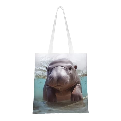 Süße Nilpferd-Tragetasche für Damen, Canvas-Schultertasche mit Taschen, Einkaufstasche, niedliche, wiederverwendbare Einkaufstasche von BYPPJGH