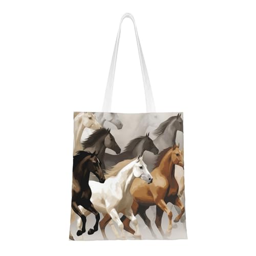 Süße Pferde-Tragetasche für Damen, Canvas-Schultertaschen mit Taschen, Einkaufstasche, niedliche, wiederverwendbare Einkaufstasche von BYPPJGH