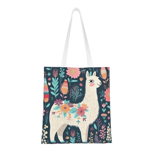 Süße Tragetasche mit Lama-Blumenmuster für Damen, Canvas-Schultertasche mit Taschen, Einkaufstasche, niedliche, wiederverwendbare Einkaufstasche von BYPPJGH