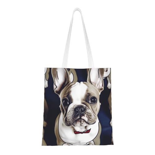 Süße französische Bulldogge Tragetasche für Damen, Segeltuch-Schultertasche mit Taschen, Einkaufstasche, niedliche, wiederverwendbare Einkaufstasche von BYPPJGH