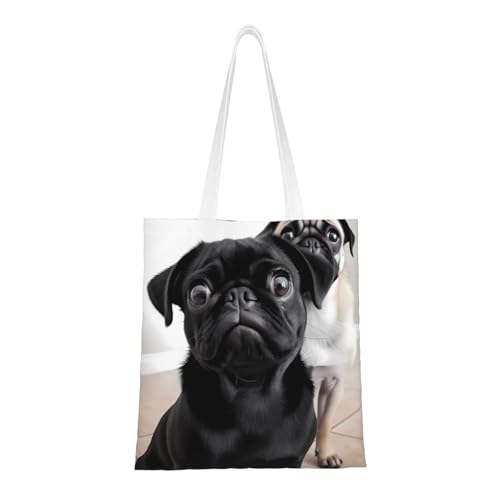 Süße schwarze Mops-Hundetasche für Damen, Canvas-Schultertasche mit Taschen, Einkaufstasche, niedliche, wiederverwendbare Einkaufstasche von BYPPJGH