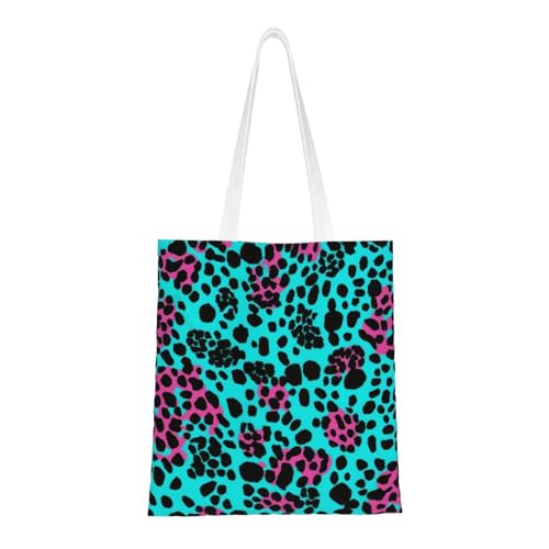 Süße türkisfarbene Leoparden-Tragetasche für Damen, Canvas-Schultertaschen mit Taschen, Einkaufstasche, niedliche, wiederverwendbare Einkaufstasche von BYPPJGH