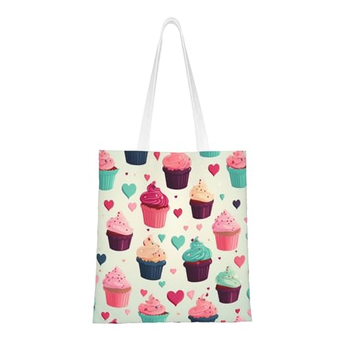 Süßigkeiten-Tragetasche mit Cupcake-Herzen für Damen, Segeltuch, Schultertaschen mit Taschen, Einkaufstasche, niedliche, wiederverwendbare Einkaufstasche Süßigkeiten-Tragetasche mit Cupcake-Herzen für Damen, Segeltuch, Schultertaschen mit Taschen, Einkaufstasche, niedliche, wiederverwendbare Einkaufstasche von BYPPJGH