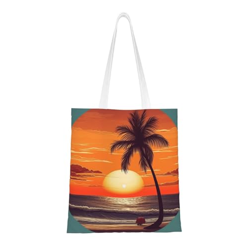 Sunset Beach Palm Tree Tragetasche für Damen, Segeltuch-Schultertasche mit Taschen, Einkaufstasche, niedlich, wiederverwendbar, Einkaufstasche von BYPPJGH