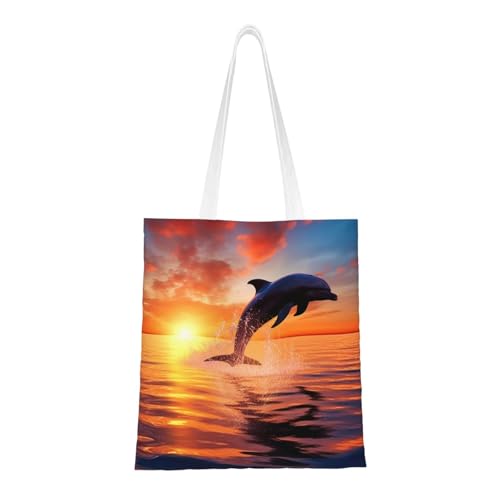Sunset Delfin-Tragetasche für Damen, Segeltuch, Schultertasche mit Taschen, Einkaufstasche, niedlich, wiederverwendbar, Einkaufstasche von BYPPJGH