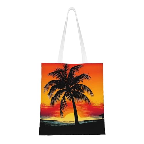 Sunset Palme Tragetasche für Damen, Segeltuch-Schultertasche mit Taschen, Einkaufstasche, niedlich, wiederverwendbar, Einkaufstasche von BYPPJGH