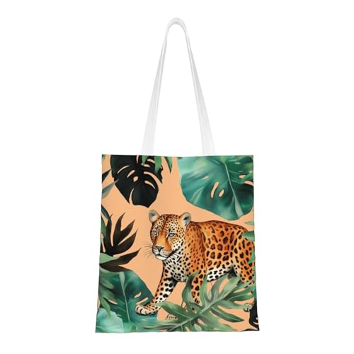 Tragetasche für Damen, Leoparden- und Palmblättermuster, Segeltuch, Schultertaschen mit Taschen, Einkaufstasche, niedlich, wiederverwendbar, Einkaufstasche Tragetasche für Damen, Leoparden- und Palmblättermuster, Segeltuch, Schultertaschen mit Taschen, Einkaufstasche, niedlich, wiederverwendbar, Einkaufstasche von BYPPJGH