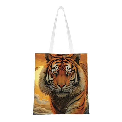Tragetasche für Damen, Motiv: Aufgehende Sonne, Tiger, Segeltuch, Schultertaschen mit Taschen, Einkaufstasche, niedlich, wiederverwendbar, Einkaufstasche Tragetasche für Damen, Motiv: Aufgehende Sonne, Tiger, Segeltuch, Schultertaschen mit Taschen, Einkaufstasche, niedlich, wiederverwendbar, Einkaufstasche von BYPPJGH