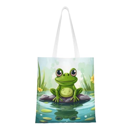 Tragetasche für Damen, Motiv: Frosch im Teich, Segeltuch, Schultertasche mit Taschen, Einkaufstasche, niedlich, wiederverwendbar, Einkaufstasche von BYPPJGH