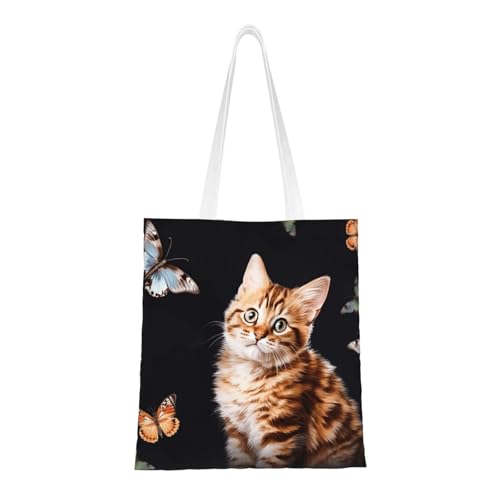 Tragetasche für Damen, Motiv: Katze, Schmetterling, Segeltuch, Schultertaschen mit Taschen, Einkaufstasche, niedliche, wiederverwendbare Einkaufstasche Tragetasche für Damen, Motiv: Katze, Schmetterling, Segeltuch, Schultertaschen mit Taschen, Einkaufstasche, niedliche, wiederverwendbare Einkaufstasche von BYPPJGH
